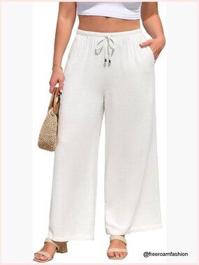 Plus Size Linen Wide Leg Pants - Elastic High Waist Flowy Palazzo Trousers with